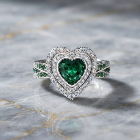 Celestial Heart Emerald Double Halo Ring