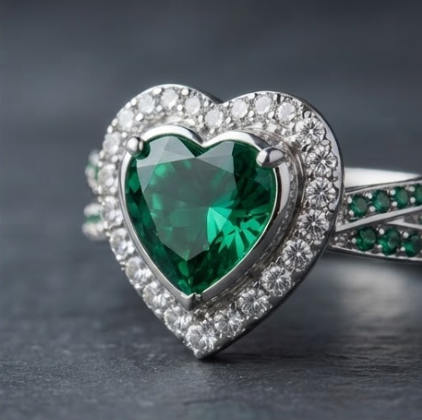 Celestial Heart Emerald Double Halo Ring