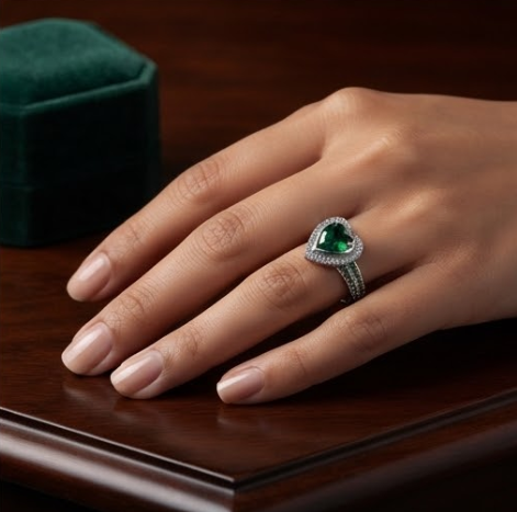 Celestial Heart Emerald Double Halo Ring
