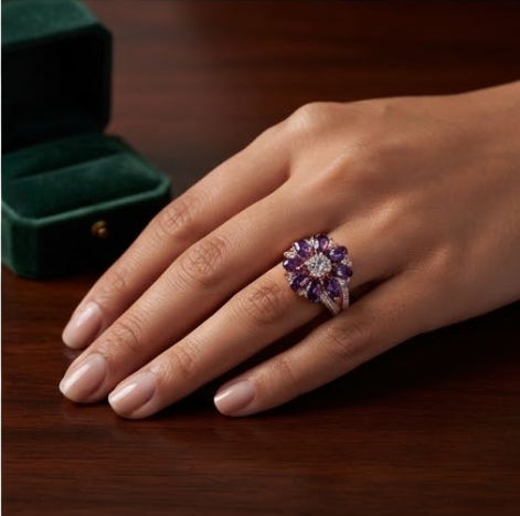 Celestial Amethyst Blossom Statement Ring