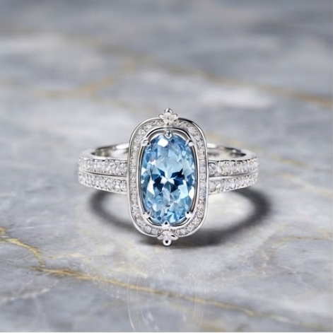 Celestial Aquamarine Vintage Oval Halo Ring